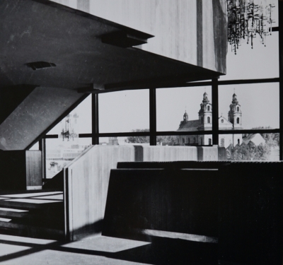 City view from the foyer of the Opera and Ballet Theatre in Vilnius (architect Nijolė Bučiūtė, artist Jurijus Markejevas). Photo: Romualdas Rakauskas, 1970s Courtesy Archive Nijolė Bučiūtė, Vilnius